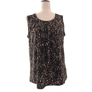 Kasper Sleeveless Blouse Medium Black Brown Cream Dot Print Round Neckline